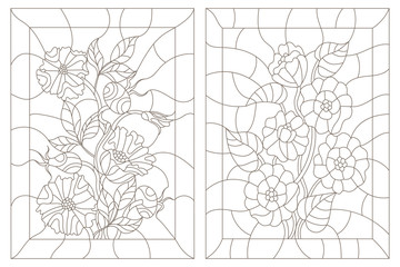 Set contour illustrations in the stained glass style, zinnias  and wild rose, dark outline on a white background