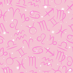 Seamless pattern with zodiac signs on a pink background with stars