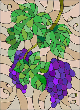 The illustration in stained glass style painting with a bunch of red grapes and leaves on brown background