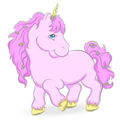 Illustration of a cute pink unicorn on a white background