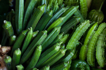 Fresh Angled loofah Angled Gourd fruits in basket