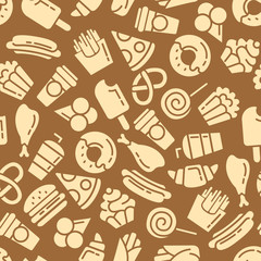 Fast food menu. Set of icons on the seamless pattern.