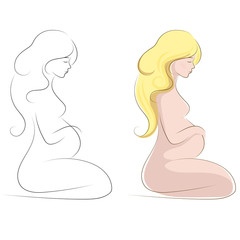 vector illustration sketch of a pregnant woman sitting hugging her belly silhouette in profile, isolated on white background