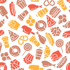 Fast food menu. Set of icons on the seamless pattern.