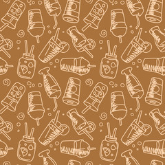Fast food menu. Set of icons on the seamless pattern.