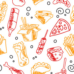 Fast food menu. Set of icons on the seamless pattern.