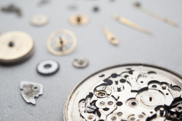 Detail of watch machinery on the table.