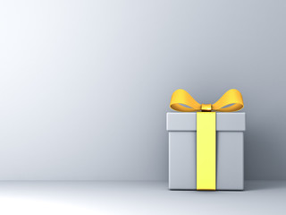 Gift box present with gold ribbon bow on white wall background with shadow 3D rendering