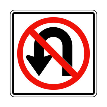 No U turn sign on white. American and Canadian style.