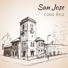 San Jose downtown hand drawn cityscape. Costa Rica. Sketch.