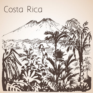Costa Rica hand drawn landscape. Sketch.
