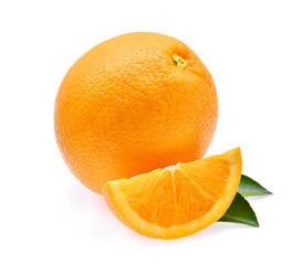 fresh orange fruit with leaf isolated on white background