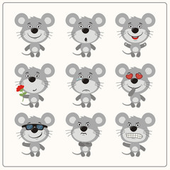 Vector set isolated cute mouse. Collection funny mouse in cartoon style.