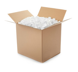 Cardboard box full of polystyrene isolated on white