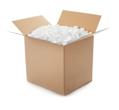 Cardboard Box Full Of Polystyrene Isolated On White