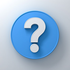 White question mark on round blue signboard background abstract with shadow 3D rendering
