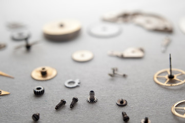 Detail of watch machinery on the table.