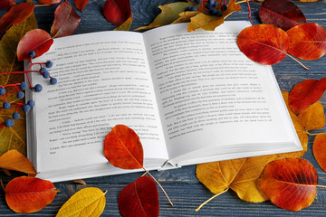 Naklejka na ściany i meble Opened book and colourful autumn leaves on wooden table
