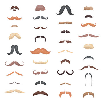 Huge collection mustache retro curly set.  different colors and forms hair. Mustaches barber silhouette hairstyle hipster mask disguise. Vector fashion gentleman signs.