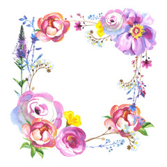 Wildflower rose flower frame in a watercolor style isolated