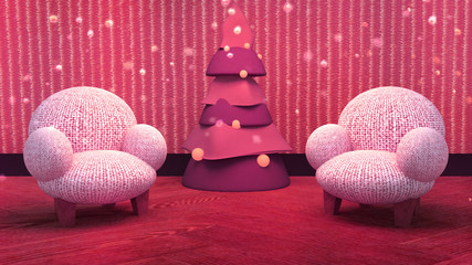 3d rendering picture of two modern linen fabric texture chairs and a Christmas tree. Happy Holidays and Merry Christmas greeting card.