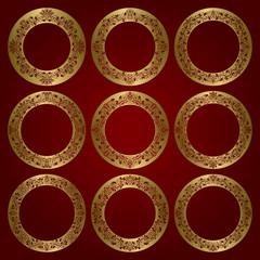 Golden round frames set of floral ornament borders.