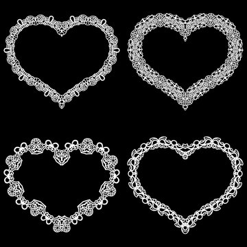 Laser cut frame in the shape of a heart with lace border.  A set of the foundations for paper doily for a wedding. A set of  valentines or photo frames. Vector templates for cutting out.