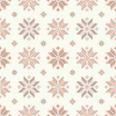 Naklejka na ściany i meble Seamless vector background with pixels Norwegian snowflakes. Print. Cloth design, wallpaper.