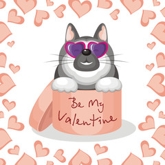 Valentines day greeting card. Funny dog sitting in a gift box with the inscription - Be My Valentine