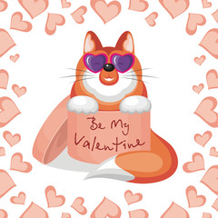 Valentines day greeting card. Funny fox sitting in a gift box with the inscription - Be My Valentine