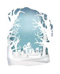 paper art landscape of Christmas with tree and house design. vector illustration