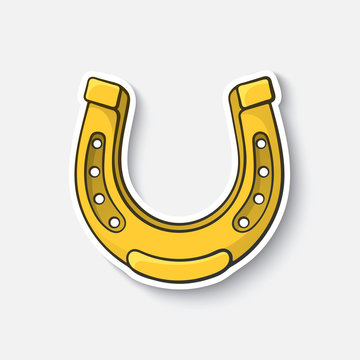 recommend clip art: Vector illustration. Golden horseshoe for good luck. Cartoon funny sticker in comic style with contour. Decoration for greeting cards, posters, patches and prints for clothes, flyers, emblems