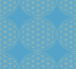 Seamless pattern with gold outline on a turquoise background with the image of the sacred symbol of the Flower of Life.