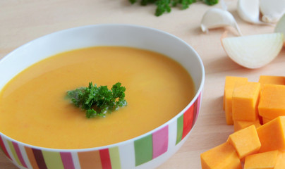 Vegetable pumpkin soup with onion, garlic and parsley.