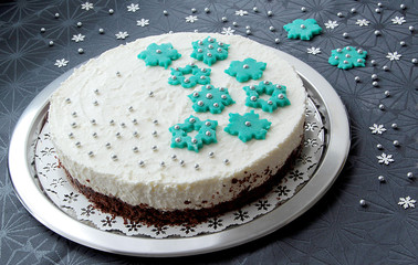 Birthday cake with winter decoration. Christmas cake.