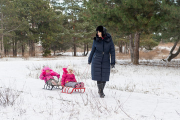 Children with Mom and winter sledding outing. Winter fun.