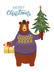 Naklejka premium Isolated Hand-drawn cartoon bear wearing a sweater and a hat with a gift and a Christmas tree in his paws. Merry Christmas greeting card design. Vector illustration.