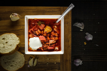 Ukrainian or Russian borscht traditional beetroot soup with sour cream