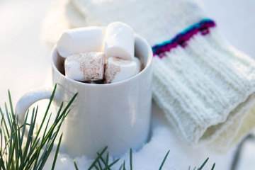 Cup of coffee with marshmallow in snow