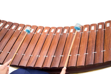 Woman playing drum sticks striking the xylophone isolated