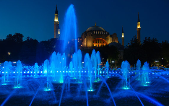 Colorful Fountain at night on public Sultanahmet Square in Istanbul. 