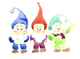 Three gnomes standing beside the watercolor. Little gnomes
