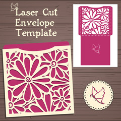 Lasercut vector wedding invitation template. Wedding invitation envelope with flowers for laser cutting. Lace gate folds.Laser cut vector.