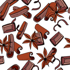 Seamless Christmas pattern with cinnamon and chocolate. Endless texture for festive design