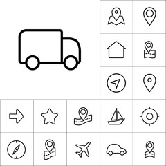 thin line delivery truck icon on white background, navigation se