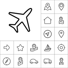 thin line plane icon on white background, navigation set