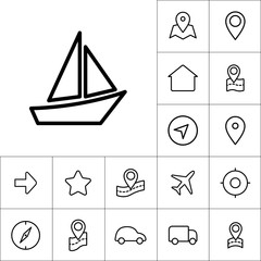 thin line boat icon on white background, navigation set