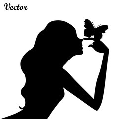 beauty girl silhouette with butterfly on white background, vector illustration