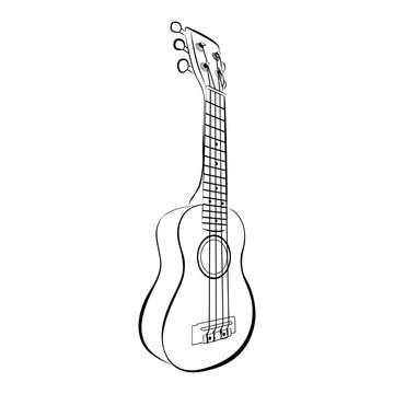 Ukulele guitar, cartoon vector and illustration, black and white, hand drawn, sketch style, isolated on white background.