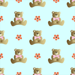 Naklejka premium Seamless pattern with teddy bear with a bow and flowers on a turquoise background